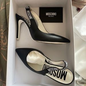 Moschino black and white sling backs